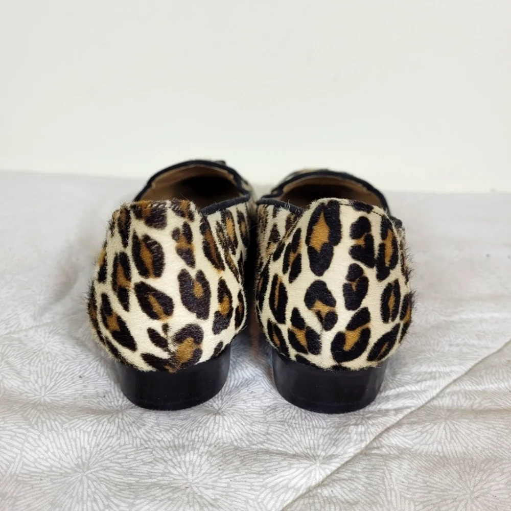 Stuart Weitzman calf hair classic leopard print loafers black bow heel office 6